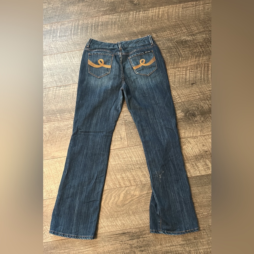 7 For All Mankind Women's Dark Blue Boot Cut Jeans with Tan Stitching